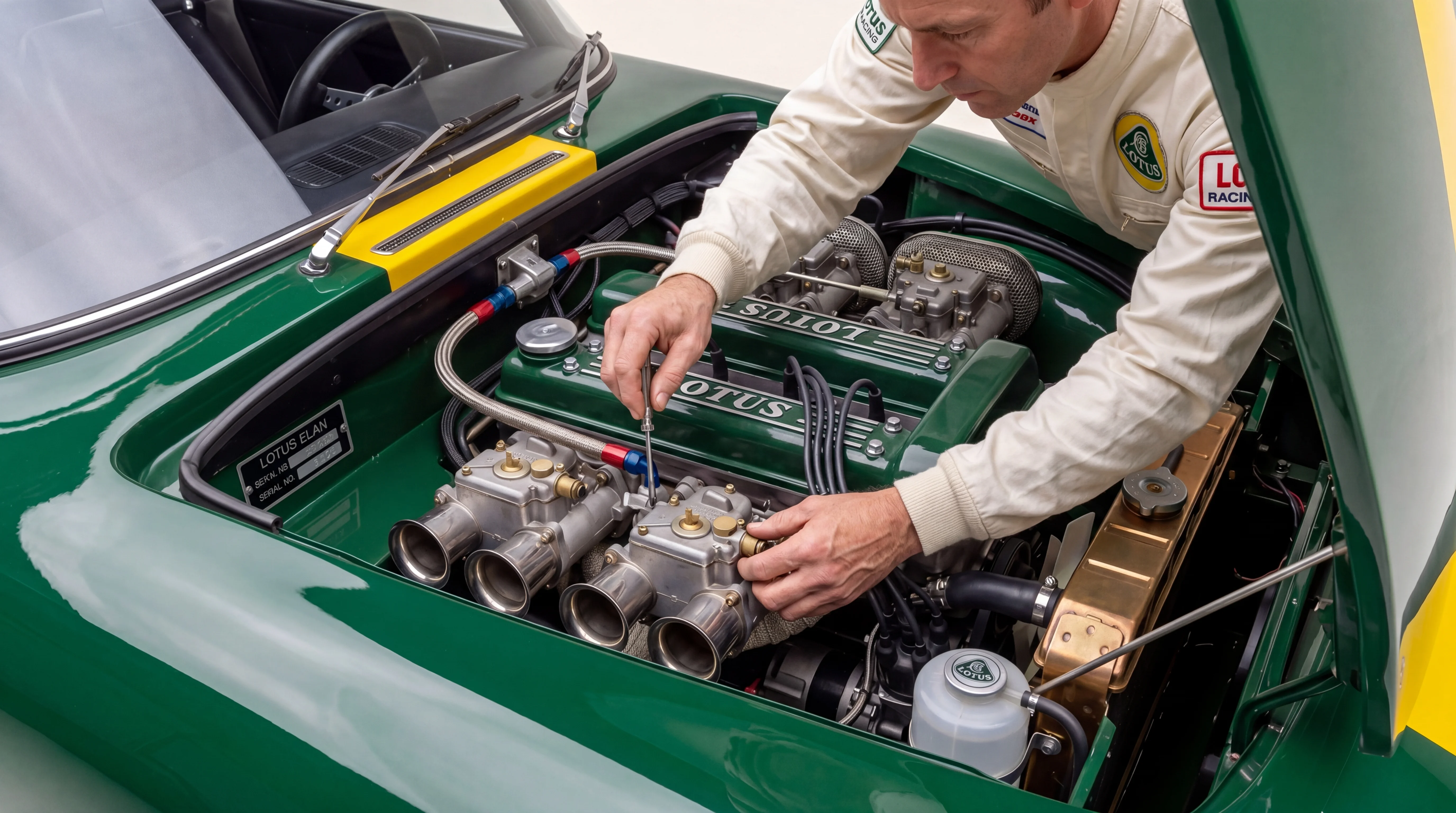 Hands working in a vintage racing garage — focused craft on a classic British racing car, finding the detail that wins the race.