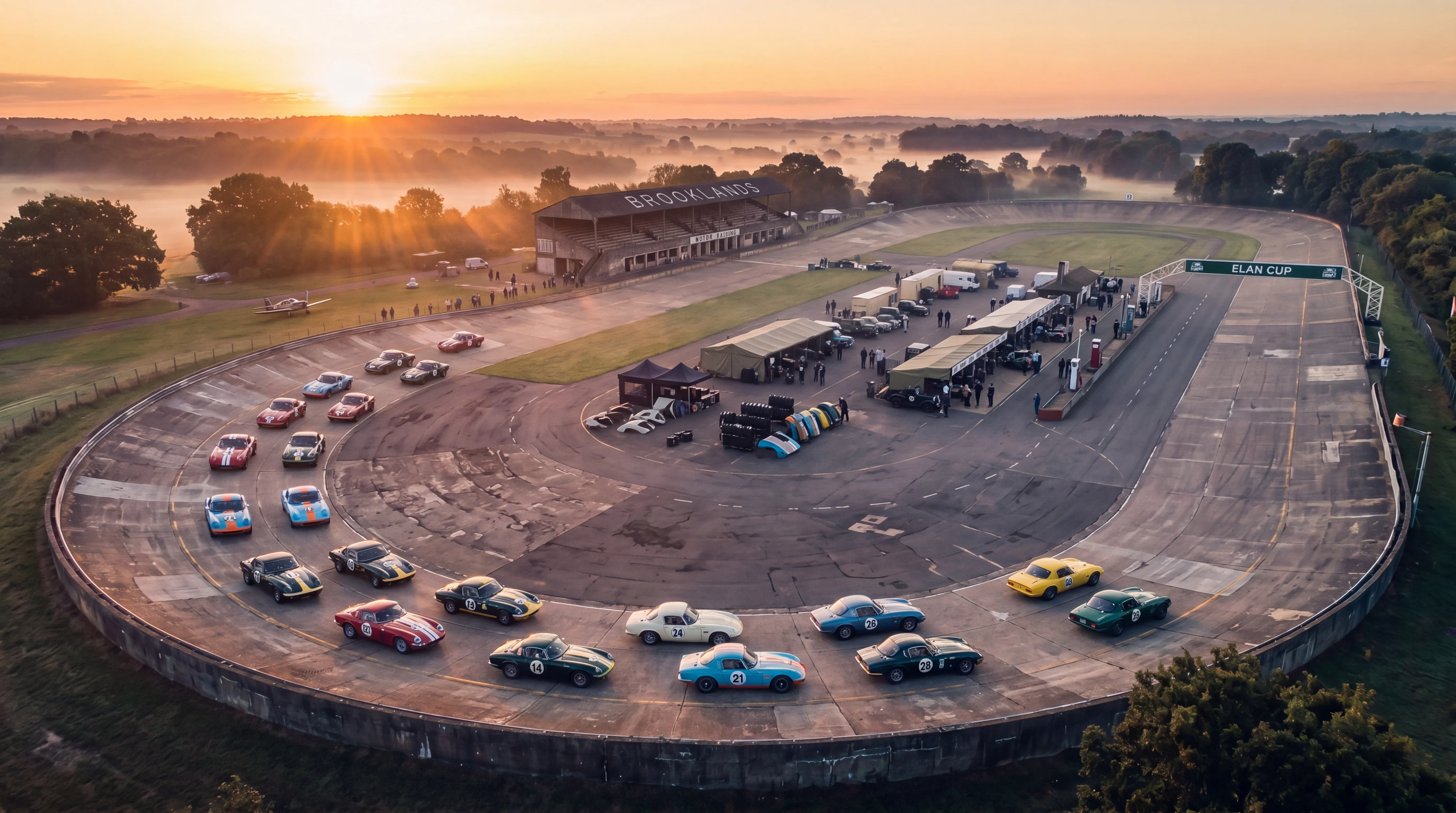 A vintage racing oval at dawn — mist rolling over the track, cars lined up on the circuit. Iconic British motorsport heritage frozen in a loop.